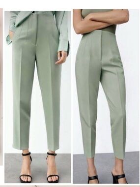 Zara High-Waist Tailored Pants in Sage Green